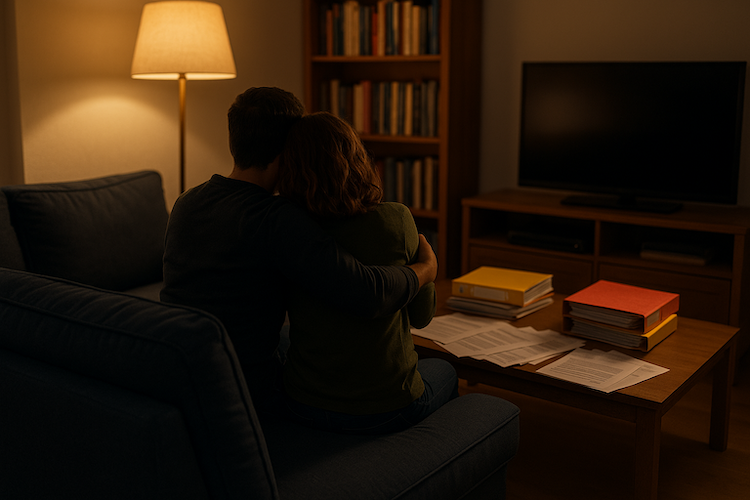 Ein Paar sitzt eng umarmt auf einem dunkelblauen Sofa in einem Wohnzimmer. Vor ihnen auf dem Couchtisch liegen gelbe und rote Aktenordner und Unterlagen eines Leistungsfalls der BU für Kinder. Im Hintergrund stehen ein Bücherregal und ein ausgeschalteter Fernseher.