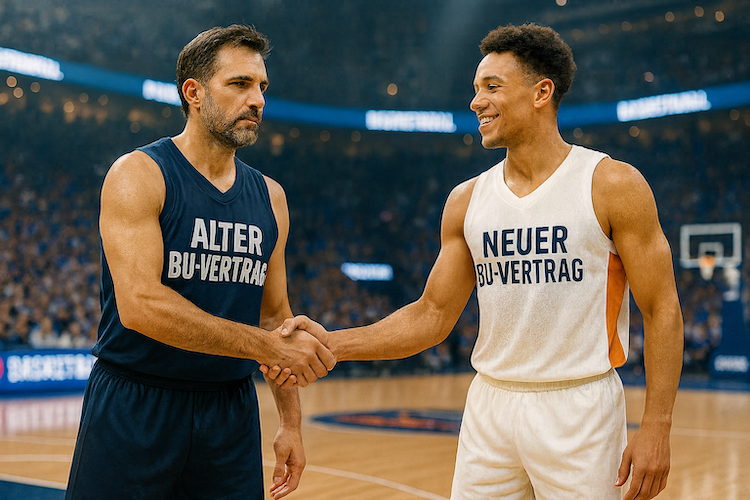 Zwei Basketballspieler stehen sich auf dem Spielfeld gegenüber und geben sich die Hand. Der ältere Spieler trägt ein dunkelblaues Trikot mit der Aufschrift ‚Alter BU-Vertrag‘, der jüngere ein weißes Trikot mit ‚Neuer BU-Vertrag‘.