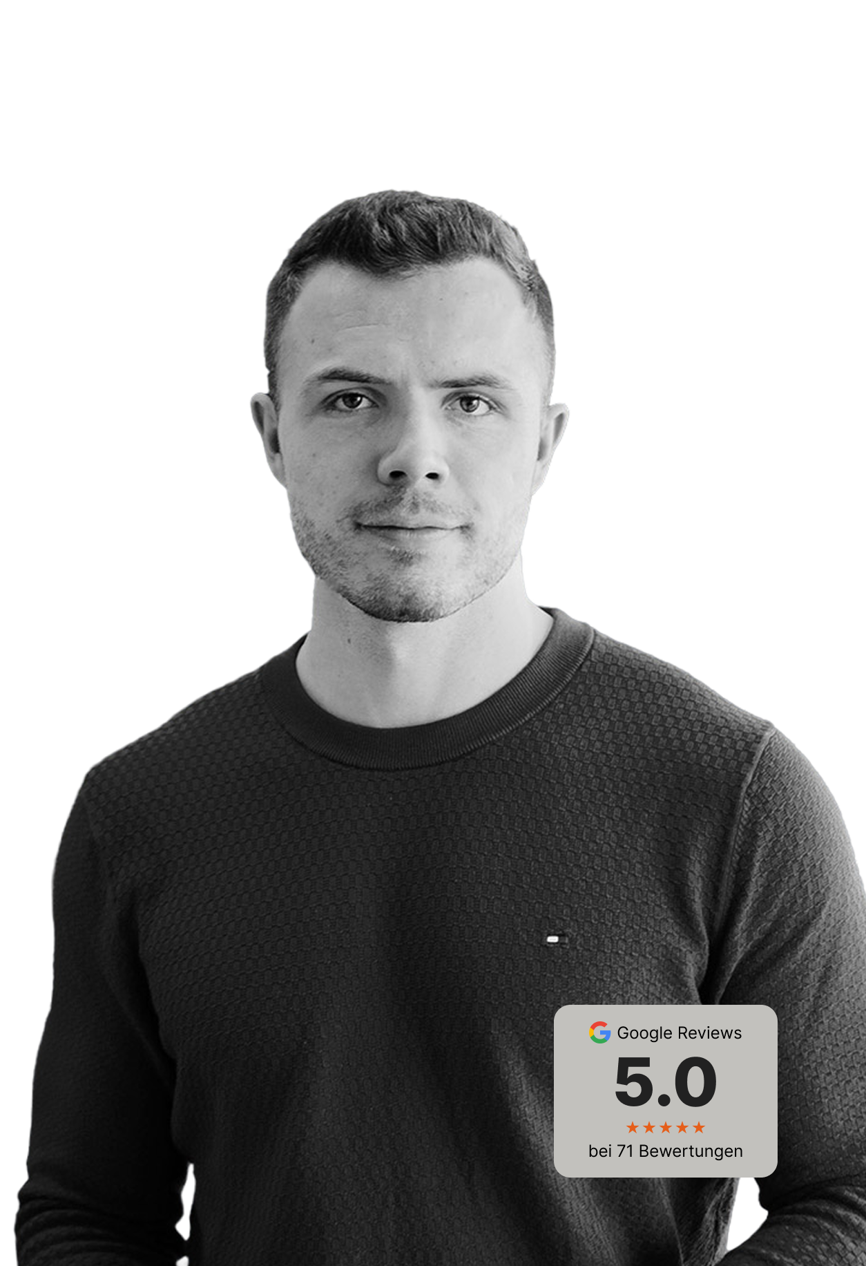 Schwarz weiß Bild von Benjamin Friedrich mit Google Bewertungs-Badge mit 5 Sternen