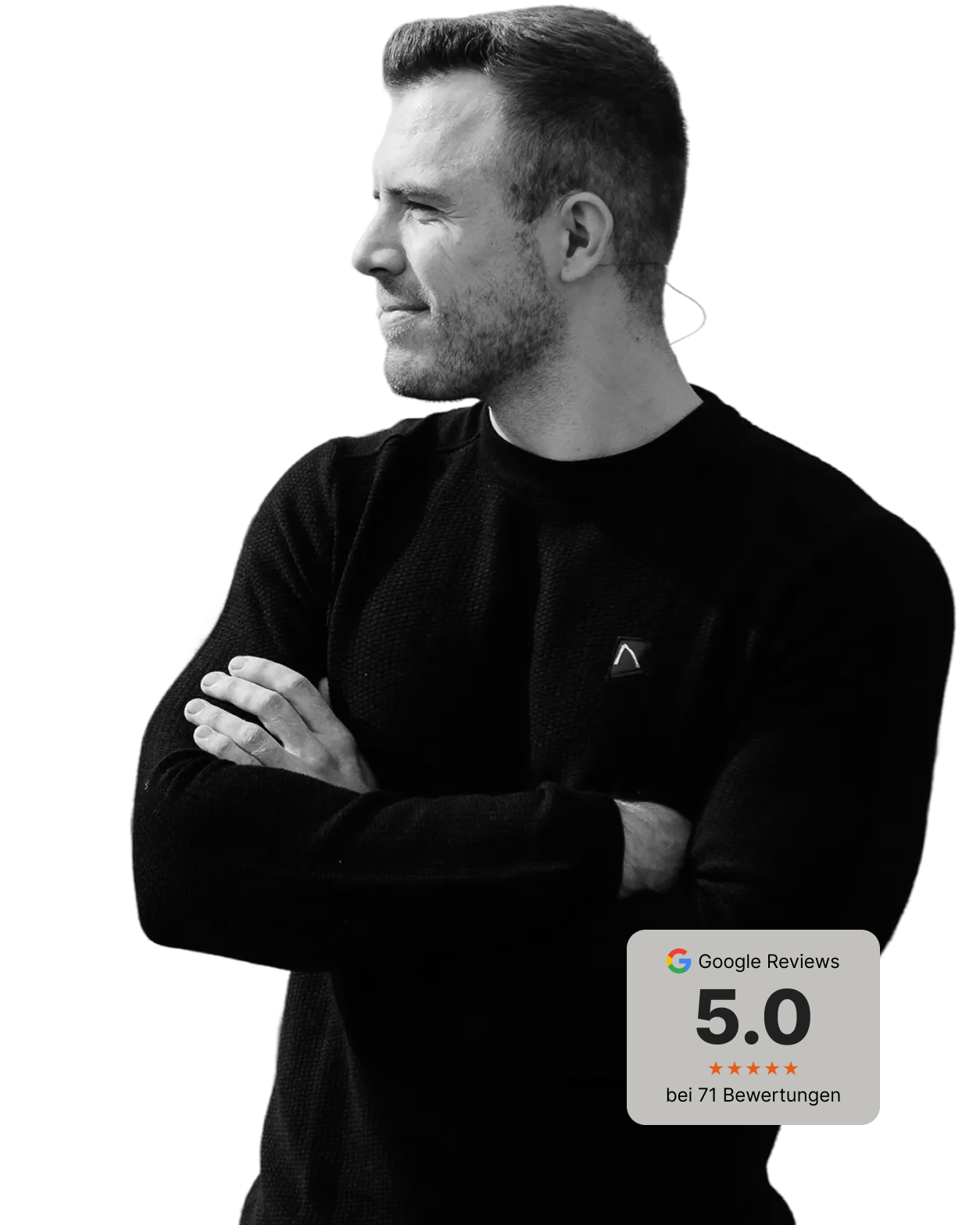 Schwarz weiß Bild von Benjamin Friedrich mit Google Bewertungs-Badge mit 5 Sternen